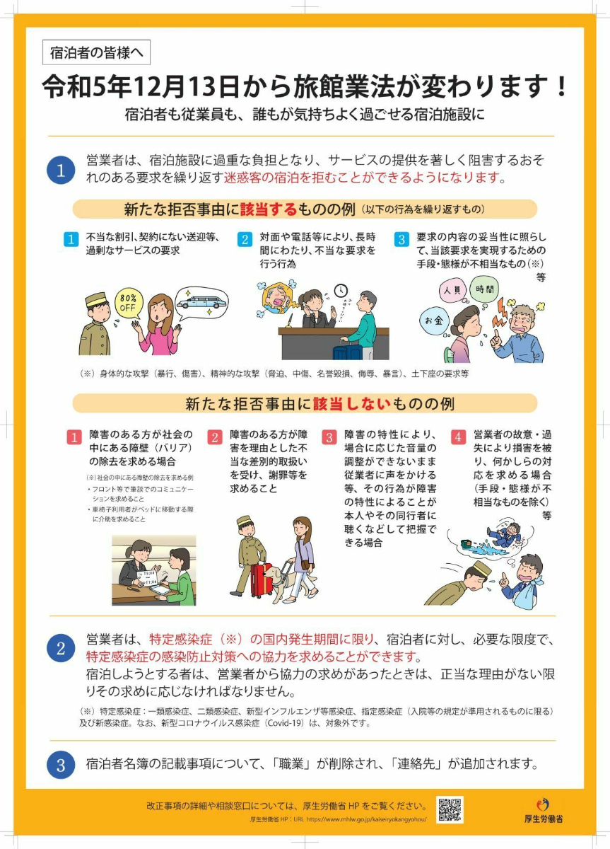 旅館業法改正による新たな拒否事由に該当する行為、該当しない行為(厚生労働省の公式Xアカウントより抜粋)