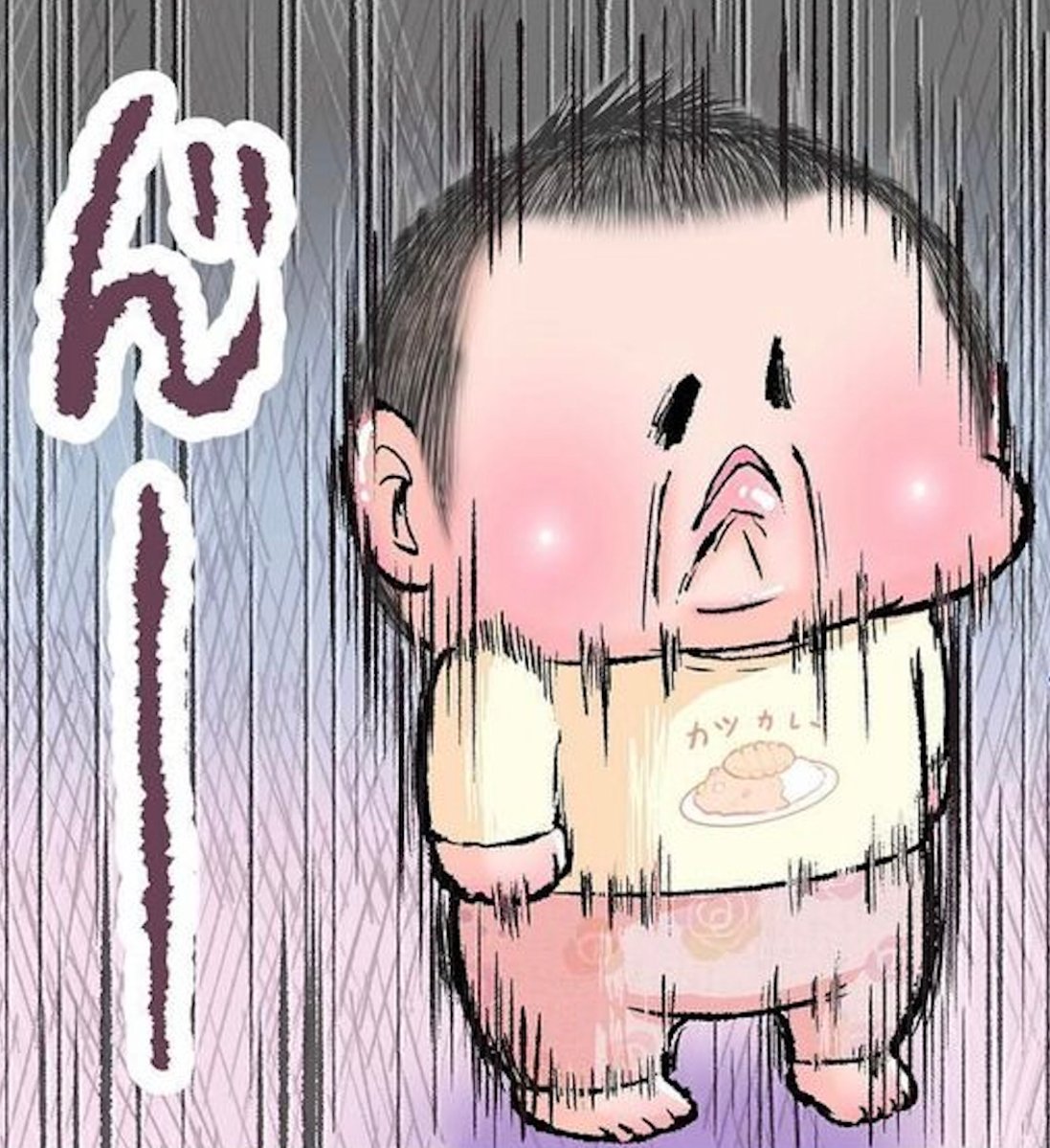 踏ん張る息子の状況説明について描いた漫画のカット（にくきゅうぷおさん提供）