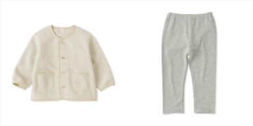「ベビー　素材に還るフリースカーディガン」（左）と「ベビー　おなかすっぽりストレッチ裏フリースパンツ」
