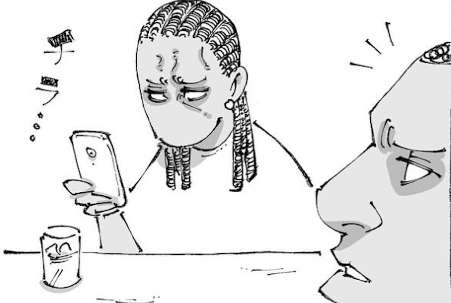 漫画「海外女性が飲み会中にスマホを見る理由。」のカット（五箇野人さん提供）