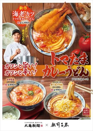 「海老カツトマたまカレーうどん」（上段）のイメージビジュアル