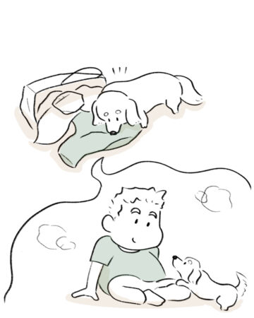 入院中の夫の洗濯物を見つけた愛犬について描いた漫画のカット(たけのこさん提供)