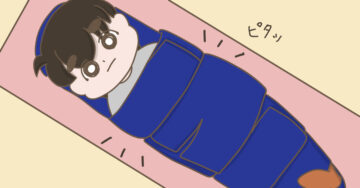 虫歯治療のためにミイラのようにがっちり固定された息子(べっこうあめアマミさん作)